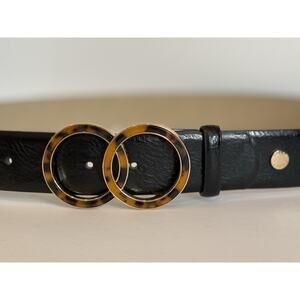 VINCE CAMUTO Black Faux Leather 1.5" Wide Belt Gold/Tortoise 2‎ Ring Buckle Sz M